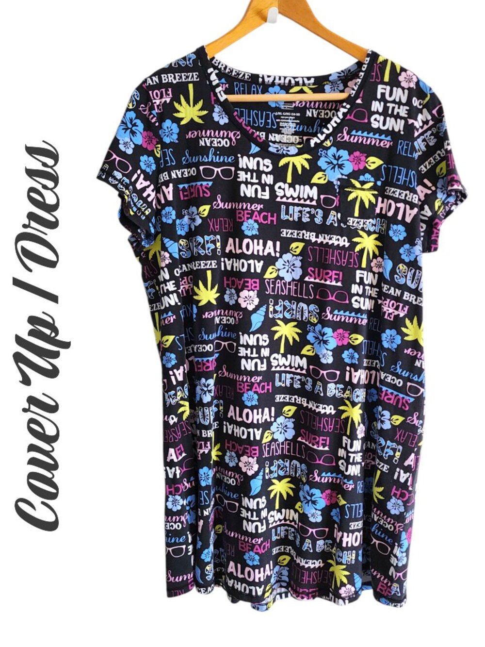 White Stag L Cotton Short Sleeve Mini Dress Cover Up Black Beach Print Hawaiian